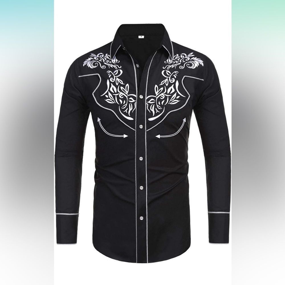 Daupanzees Mens Long Sleeve Embroidered Shirts Slim Fit Casual Button Down Shirt